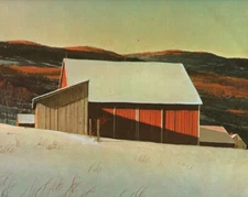 ACEO Art Card Red Barn in Winter Snow Bound Early Morning painted by Eric Sloane