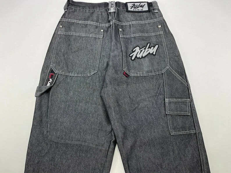 FUBU jeans, shiny black, vintage baggy, silver, metallic, 90s hip hop, size  W 30