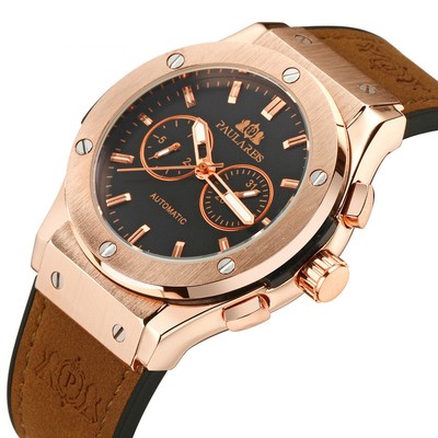 Hommage Leder/Kautschuk Armband Kalender Paulareis Herren Automatik Mechanische Uhr