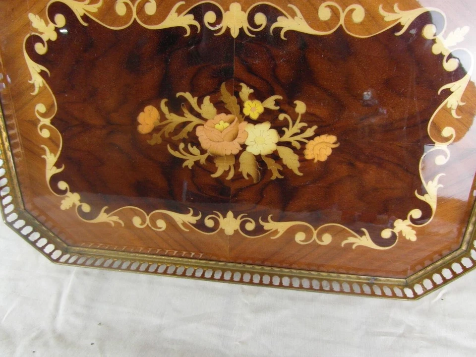 Tablett Servierhilfe Jugendstil Messing Intarsien Arbeit Floral Italien o10b4 - Bild 3 von 4