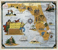 Florida Buried Treasure Hunting Pirate Map Poster Wall Art Print Vintage Style