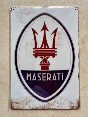 MASERATI ITALIENISCHER LUXUS AUTO METALLSCHILD MANN HÖHLE WERKSTATT GARAGE SHOWROOM 20x30cm