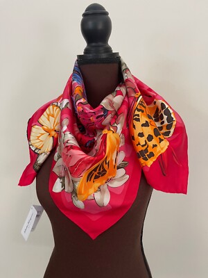 New Salvatore Ferragamo Square Silk Scarf Butterfly Floral Print Red Pink Wrap