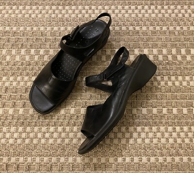 ECCO Light Wedge Heel Black Leather Slingback Sandals Comfort