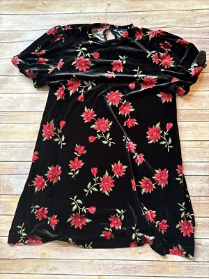 Draper James Velvet Dress Black red flowers short sleeve XL