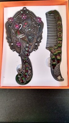 Beautiful Enamel Hand Mirror & Comb