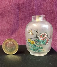  Inside Painted Glass Snuff Bottle Decorated With Mountains, Flowers and a  Bird