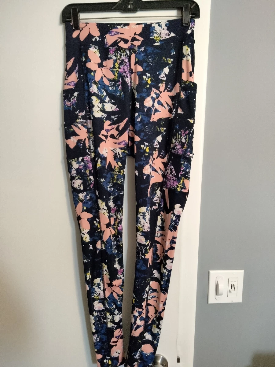 POP Fit Womens Navy Blue Floral Design Full Length Leggings w