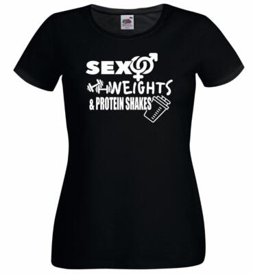 Damen schwarz Gewichte und Protein Shakes Fitnessstudio Training Fitness T-Shirt