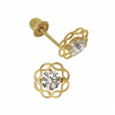 Baby Girl White Sapphire Birthstone Stud Earrings Screw Back 14K Yellow Gold