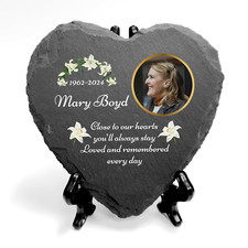 Personalised UV Printed Photo Memorial Grave Marker Heart Slate With Stand