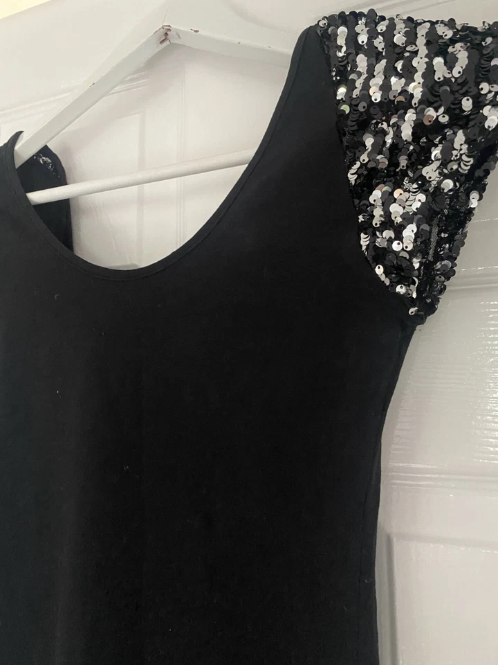 Black coloured dress by Rare. Size 8 with shoulder pads and sequins. - Image 2 of 3