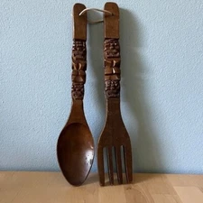 Vintage Carved Wood Serving Spoon and Fork