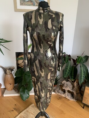 Zara Khaki Camo Sequin Bodycon Midi Dress Army Camouflage