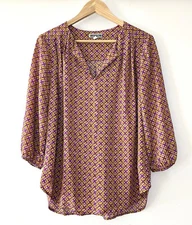 Pleione Womens Shirt Large Purple Orange 3/4 Sleeve Pullover Blouse Top Casual