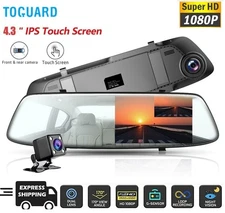 TOGUARD 4.3" IPS Touch Screen 1080P Mirror Dash Cam Rear View Car Backup Camera