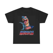 American Flag Dinosaur Tshirt July 4th Fireworks Funny Unisex Heavy Cotton Tee