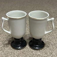 Pair Of (2) Vintage Hall 1272 Pedestal Irish Coffee Mugs Cream Black Base USA