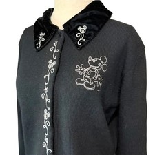 VTG Disney Mickey Mouse Cardigan 100 Lambs Wool Sweater Silver Embroidery S/M