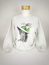 VTG 90 s Cat Wearing a Fancy Hat White Jerzees Sweatshirt Women s Made in USA