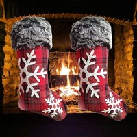 Weihnachtsstrumpf 2 StüCk Xl 40 Cm Rot Kariert Fell Nikolausstrumpf Schneeflocke