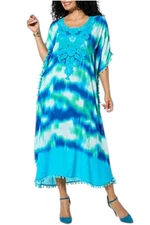 Antthony Women's Print Tie-Dye Crochet Caftan Dress w Tassels Aquarius