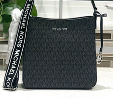 MICHAEL KORS JET SET SMALL ZIP CROSSBODY MESSENGER BAG TOTE MK BLACK SILVER LOGO