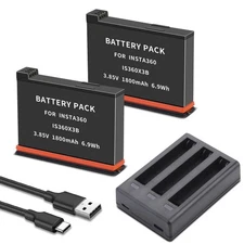 2-Pack Battery for Insta360 X3 Charger Kit and 3-Channel Fast Charger Hub Com...