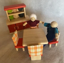 PLAN TOYS Dining Room Neo Wooden Dollhouse Furniture and 2 Figures (14 Pieces)