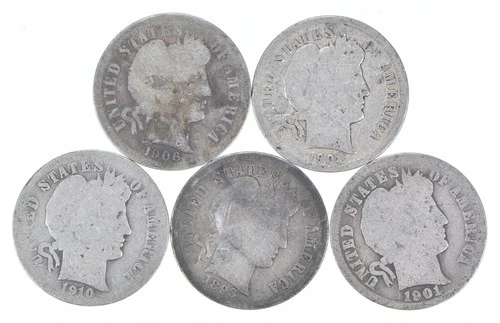 Better Lot 5 1906-S 1908-D 1910-D 1893 1901-O Barber Dime 0.50 Face *242
