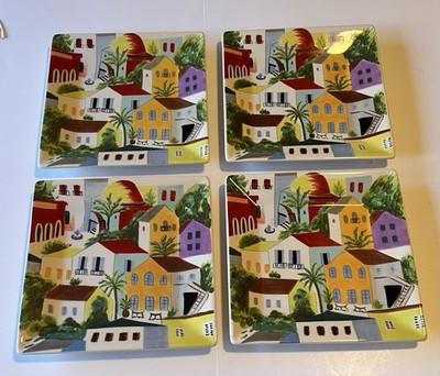 Pier 1 Villa Del Sol Square Salad Plate 8.5  Hand Painted Earthenware Set of 4