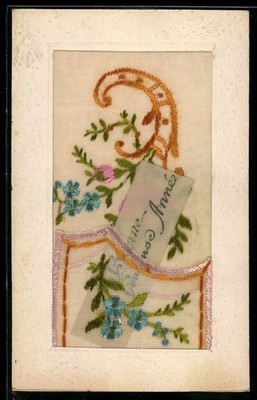 Silk embroidery postcard forget-me-not and roses from a cornucopia, New Year greeting 
