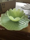 Vintage Fire King Jade Jadeite Glass Lotus Leaf & Blossum Plate & Bowl Set