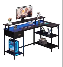 L-Shaped Computer Desk with 3-Tier Storage Shelves & Drawer, Reversible
