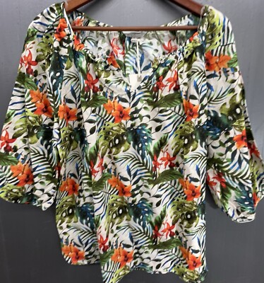 Hester & Orchard Linen Shirt XL Green Floral Tropical Coastal Beachy Top NEW