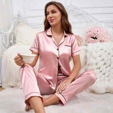 Women's Satin Pajama Set 2-Piece Short Sleeve Button Top  Pants Sleepwear
