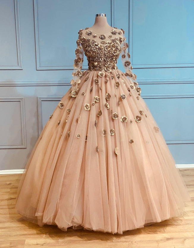 Elegant 3D Flowers Champagne Wedding Dresses Long Sleeves Scoop Neck Bridal  Gown | eBay