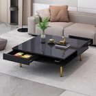 High Gloss 2Tier Square Coffee Table Center Table w/4 Golden Legs&2 Small Drawer