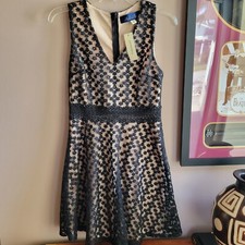 Francesca's Blue rain Women's Midi Dress Small Flare Black Lace Zipper Lined