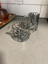 1920s Vintage Art Nouveau Silver Overlay Floral Glass Sugar and Creamer Set