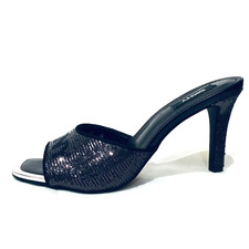 Preowned DKNY Bronx Sequin Open Toe Mule Sandals Black Sz 7.5 SRP 120