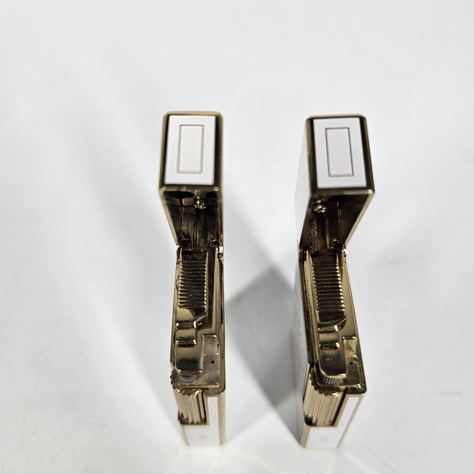 2 VINTAGE MACANUDO SOFT FLAME BUTANE CIGAR LIGHTER - WHITE & GOLD  NICE GIFT!