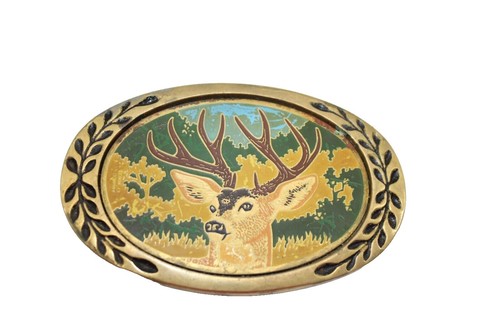Vintage 1976 Incolay Studios Brass Belt Buckle white Horse 