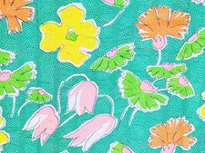 Vintage 1950s Pink Yellow Orange Flowers Green Floral Seersucker Cotton Fabric