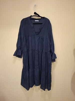 Italian Blue Linen Midi Dress Tiered Pullover Size XL TG U | eBay
