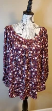 LC Lauren Conrad Maroon Floral Blouse XXL Silky Boho Puff Sleeve Peasant Top