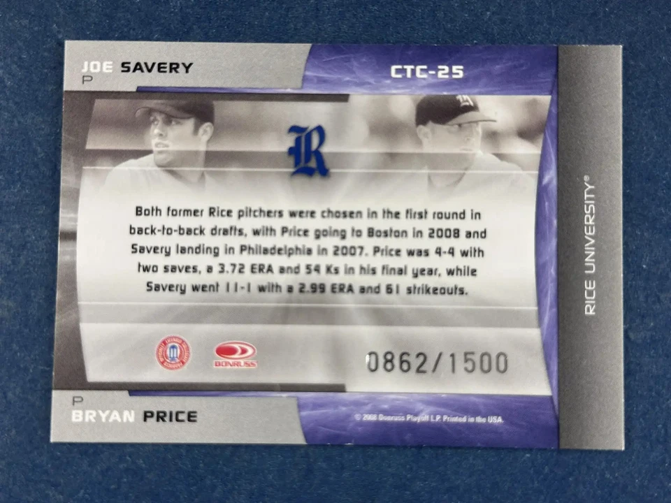 2008 Elite College Ties Green Joe Savery/Bryan Price Rice Owls /1500 - Image 2 of 2