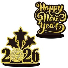 2026 Happy New Year Table Sign Table Decor Wooden New Year 2 Pcs Glitter gold-1