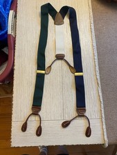 Vintage Tommy Hilfiger Suspenders Blue Green Ivory Leather Button Style Tricolor
