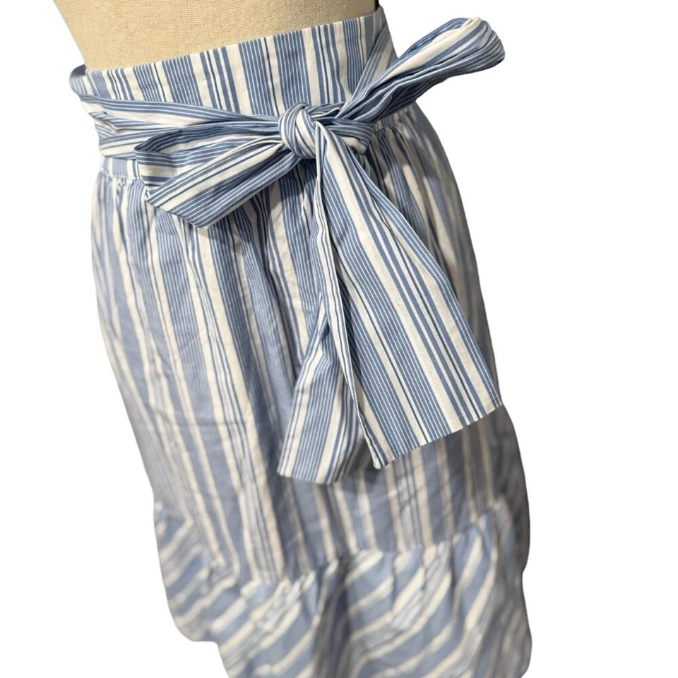 J by J. Crew Blue & White Striped Below Knee Ruffle Skirt with Tie Waist Size 6 - Image 2 of 4